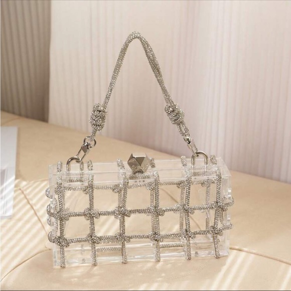Handbags - Clear Acrylic Evening Clutch with Silver Crystal Grid